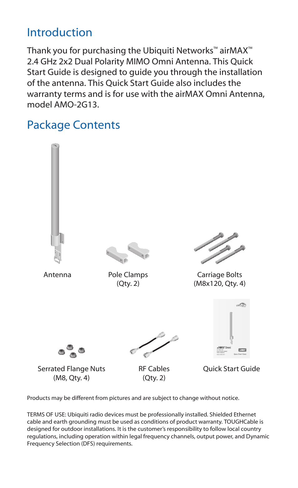 Introduction, Package contents, Airmax | Ubiquiti Networks airMA Omni Antenna User Manual | Page 2 / 16