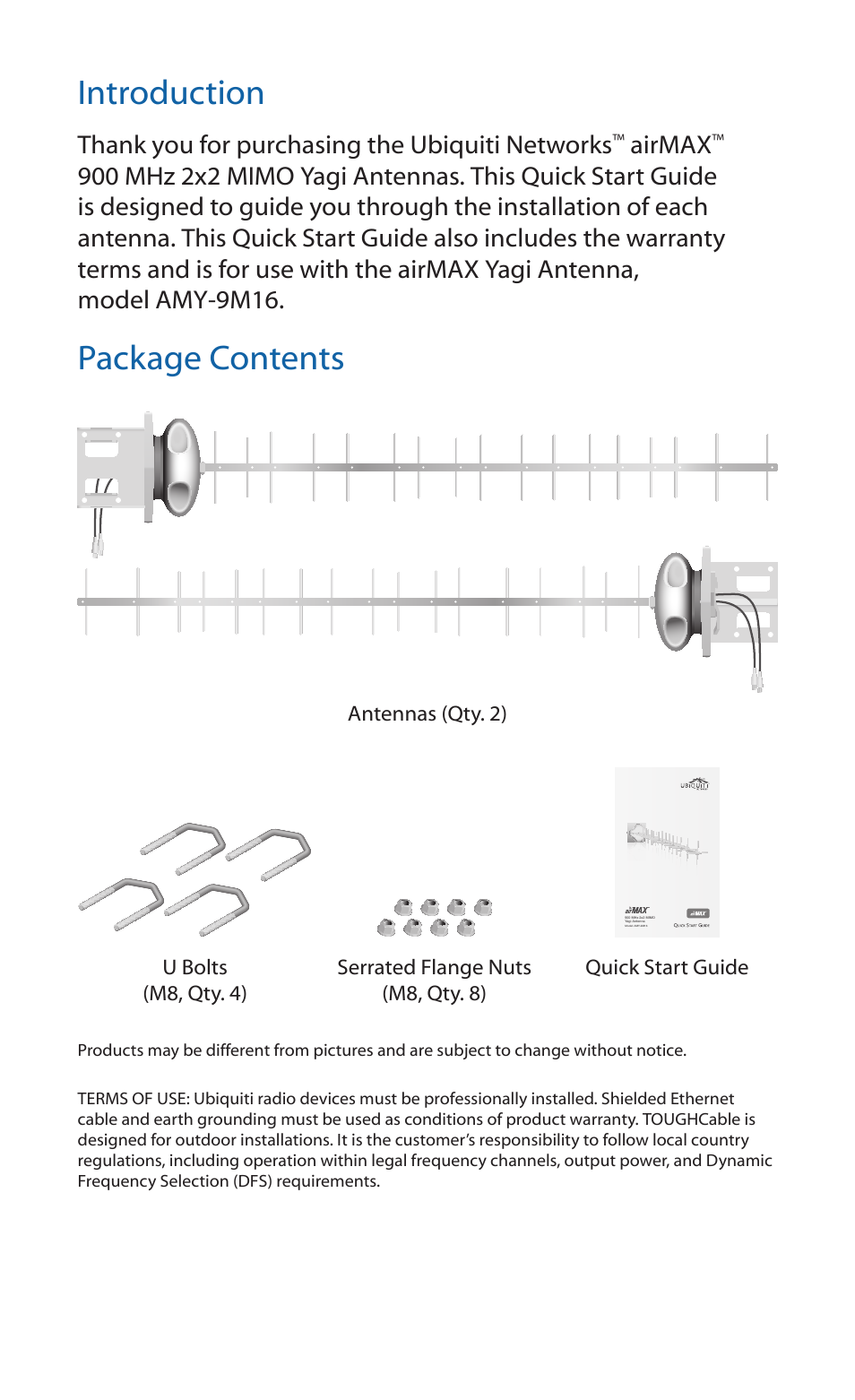 Introduction, Package contents, Airmax | Ubiquiti Networks airMA Yagi Antenna User Manual | Page 2 / 16