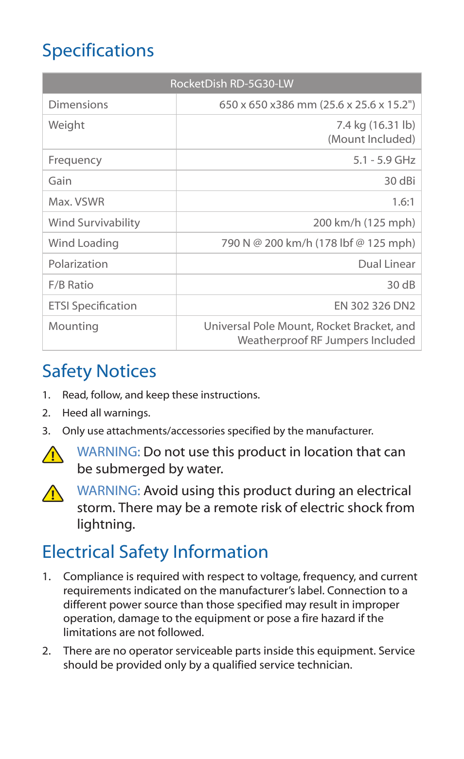 Specifications, Safety notices, Electrical safety information | Ubiquiti Networks RocketDis LW User Manual | Page 16 / 24