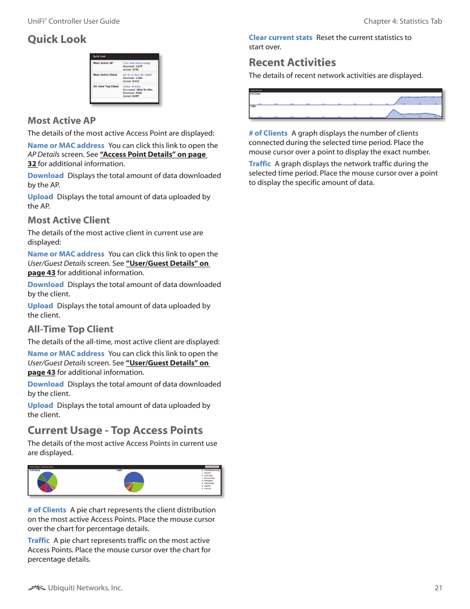 Quick look, Current usage - top access points, Recent activities | Most active ap, Most active client, All-time top client | Ubiquiti Networks UniF AP AC Outdoor User Manual | Page 24 / 57