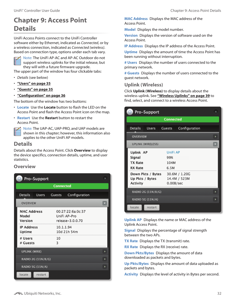 Chapter 9: access point details, Details, Chapter 9 | Access point details, Overview, Uplink (wireless) | Ubiquiti Networks UniF AP AC Outdoor User Manual | Page 35 / 57
