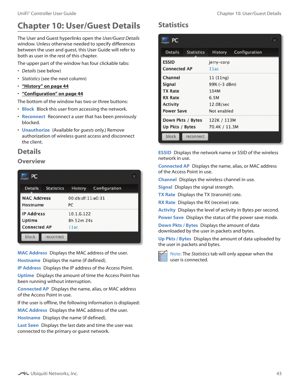 Chapter 10: user/guest details, Details, Statistics | Chapter 10, User/guest details, Details statistics, Overview | Ubiquiti Networks UniF AP AC Outdoor User Manual | Page 46 / 57