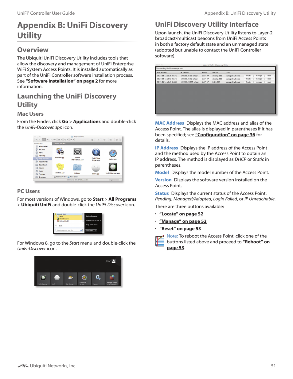 Appendix b: unifi discovery utility, Overview, Launching the unifi discovery utility | Unifi discovery utility interface, Appendix b, Unifi discovery utility | Ubiquiti Networks UniF AP AC Outdoor User Manual | Page 54 / 57