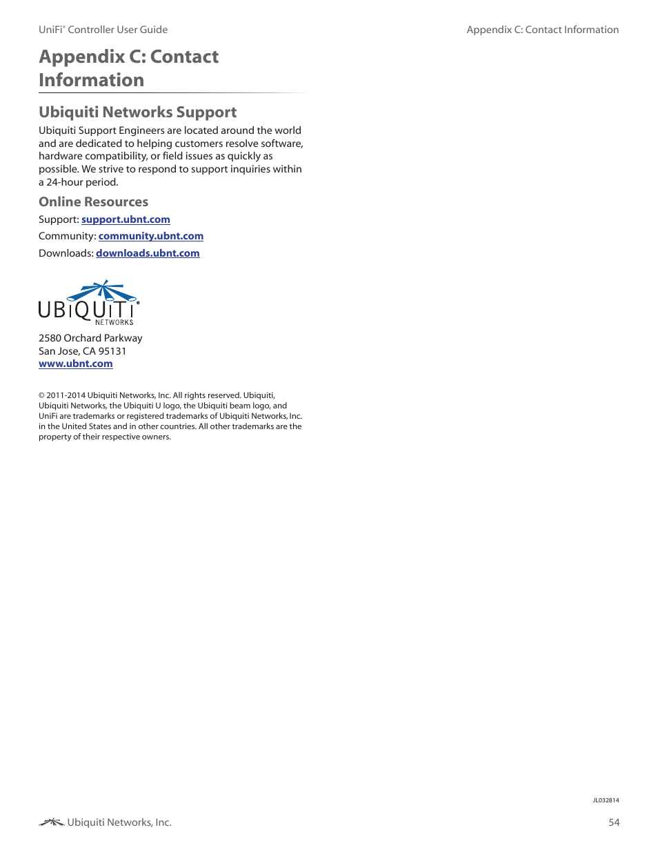 Appendix c: contact information, Ubiquiti networks support, Appendix c | Contact information, Online resources | Ubiquiti Networks UniF AP AC Outdoor User Manual | Page 57 / 57