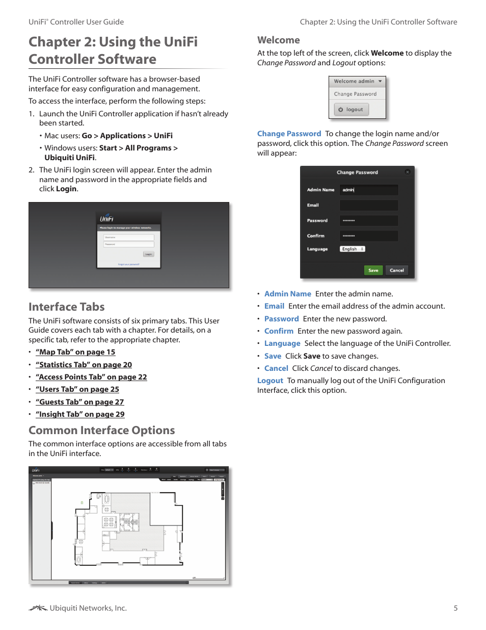 Chapter 2: using the unifi controller software, Interface tabs, Common interface options | Chapter 2, Using the unifi controller software, Interface tabs common interface options, Welcome | Ubiquiti Networks UniF AP AC Outdoor User Manual | Page 8 / 57