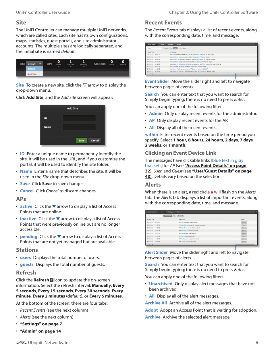 Site, Stations, Refresh | Recent events, Alerts | Ubiquiti Networks UniF AP AC Outdoor User Manual | Page 9 / 57