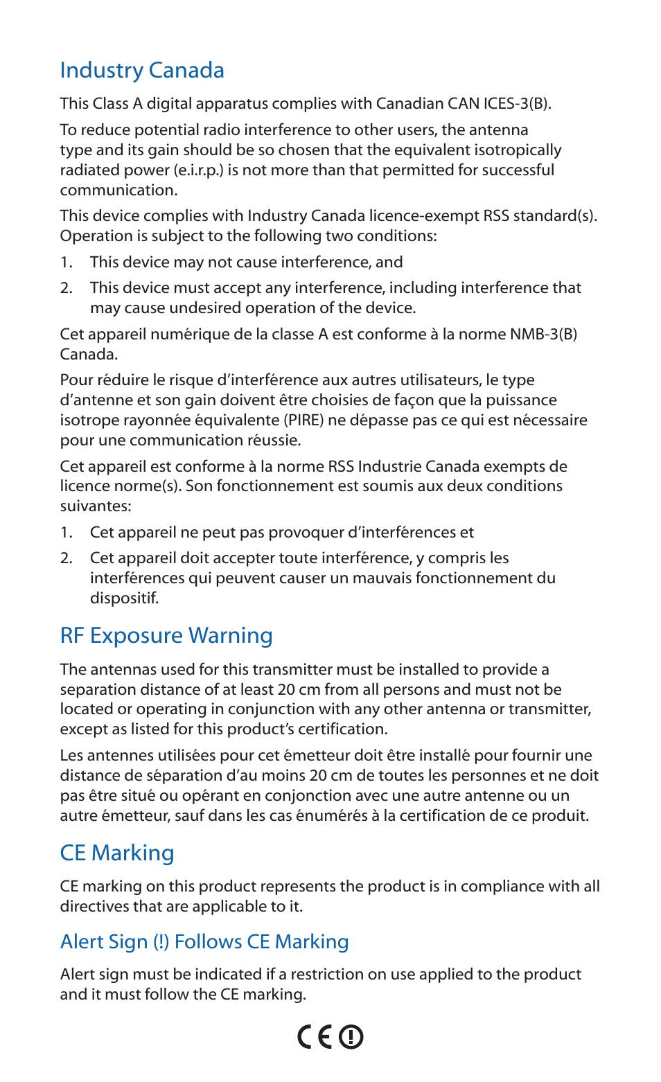 Industry canada, Rf exposure warning, Ce marking | Ubiquiti Networks UniF AP User Manual | Page 19 / 24