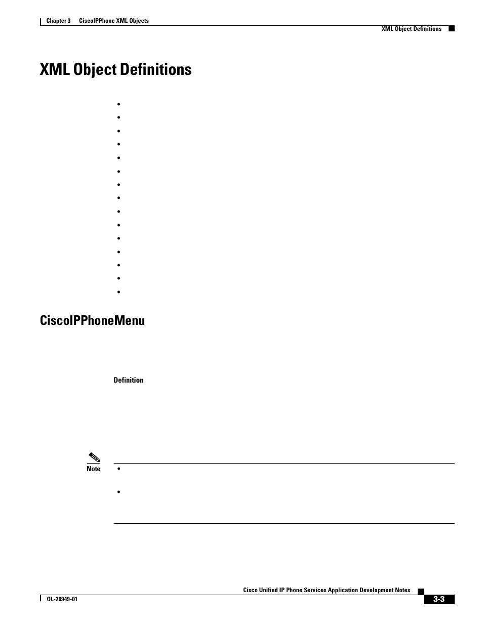 Xml object definitions, Ciscoipphonemenu | Cisco OL-20949-01 User Manual | Page 21 / 116