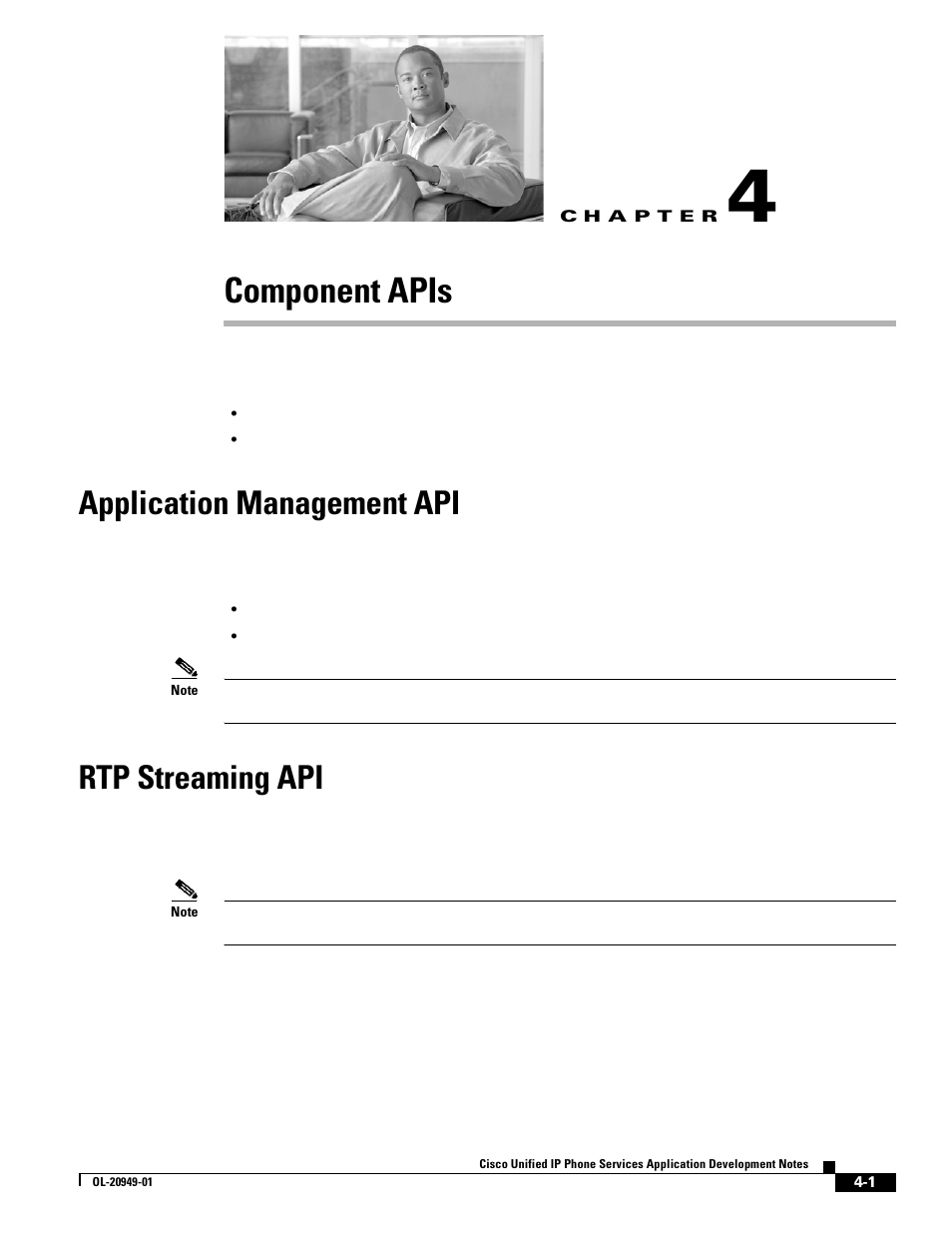 Component apis, Application management api, Rtp streaming api | C h a p t e r, Chapter 4, “component apis | Cisco OL-20949-01 User Manual | Page 43 / 116