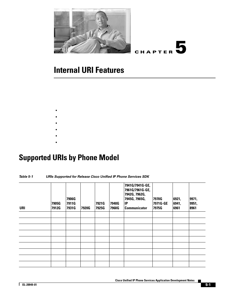 Internal uri features, Supported uris by phone model, C h a p t e r | Chapter 5, “internal uri features | Cisco OL-20949-01 User Manual | Page 49 / 116