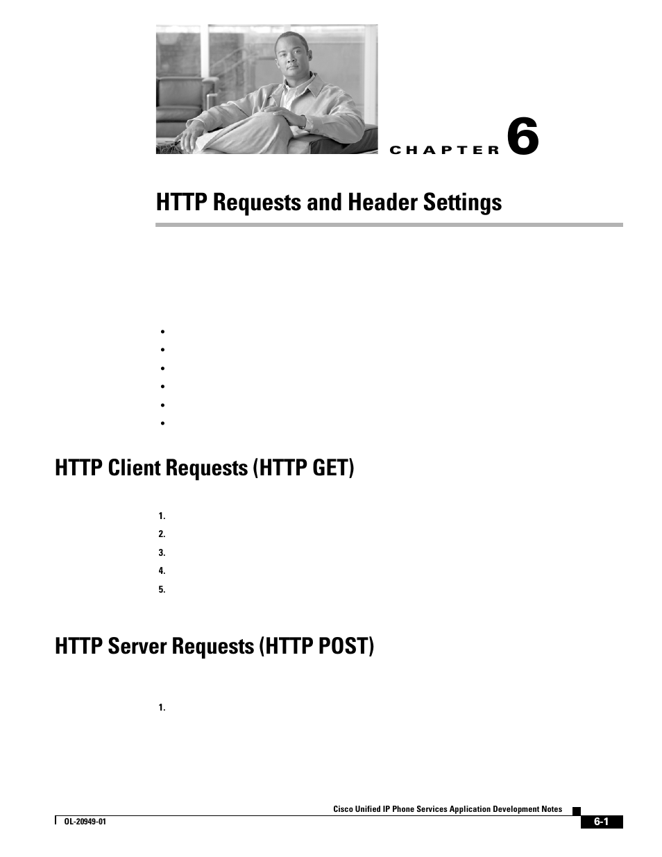 Http requests and header settings, Http client requests (http get), Http server requests (http post) | C h a p t e r, Chapter 6, “http requests and header settings, Chapter 6 | Cisco OL-20949-01 User Manual | Page 69 / 116