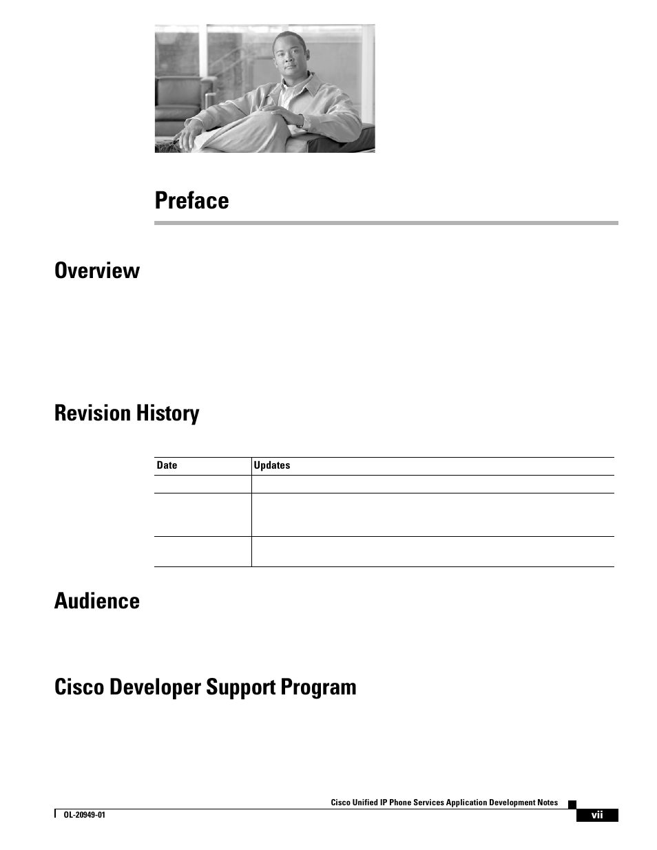 Preface, Overview, Revision history | Audience, Cisco developer support program, Revision history audience | Cisco OL-20949-01 User Manual | Page 7 / 116