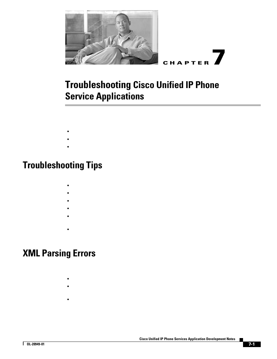Troubleshooting tips, Xml parsing errors, C h a p t e r | Troubleshooting cisco unified ip phone, Service applications, Troubleshooting, Cisco unified ip phone service applications | Cisco OL-20949-01 User Manual | Page 79 / 116