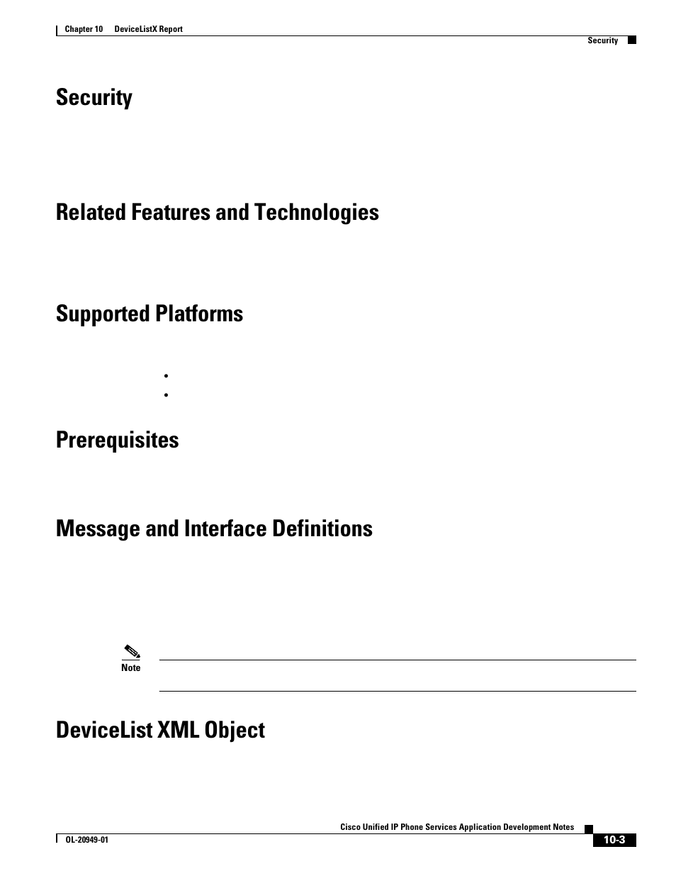 Security, Related features and technologies, Supported platforms | Prerequisites, Message and interface definitions, Devicelist xml object | Cisco OL-20949-01 User Manual | Page 91 / 116