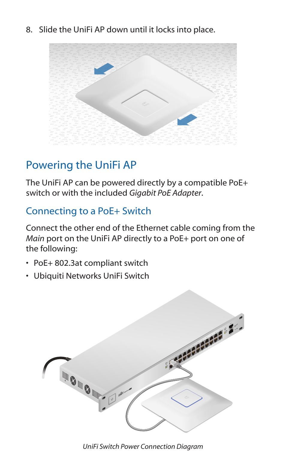 Powering the unifi ap, Connecting to a poe+ switch, Slide the unifi ap down until it locks into place | Unifi switch power connection diagram | Ubiquiti Networks UniF AP AC User Manual | Page 12 / 24