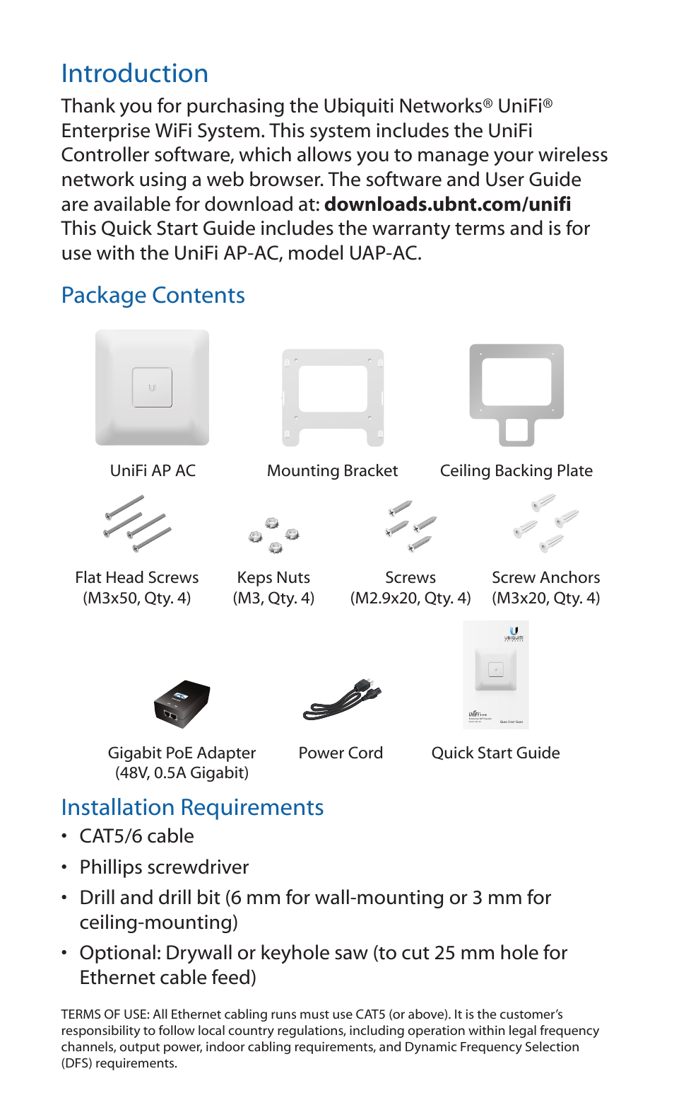 Introduction, Package contents, Installation requirements | Ubiquiti Networks UniF AP AC User Manual | Page 2 / 24