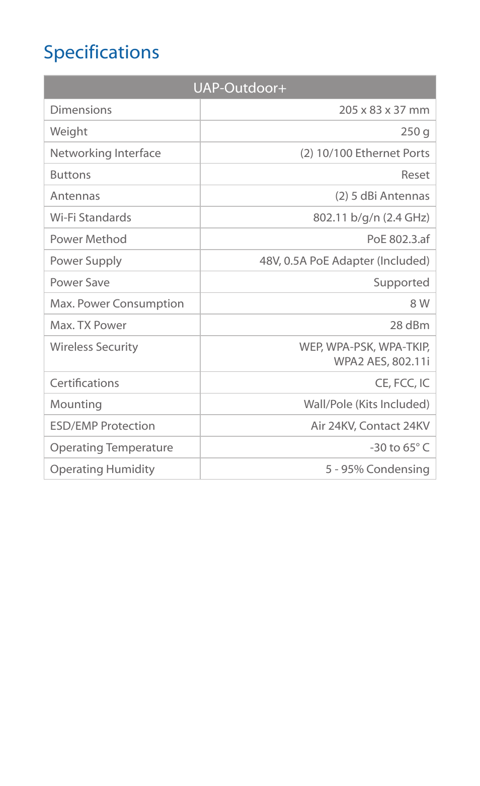 Specifications | Ubiquiti Networks UniF AP Outdoor User Manual | Page 15 / 24