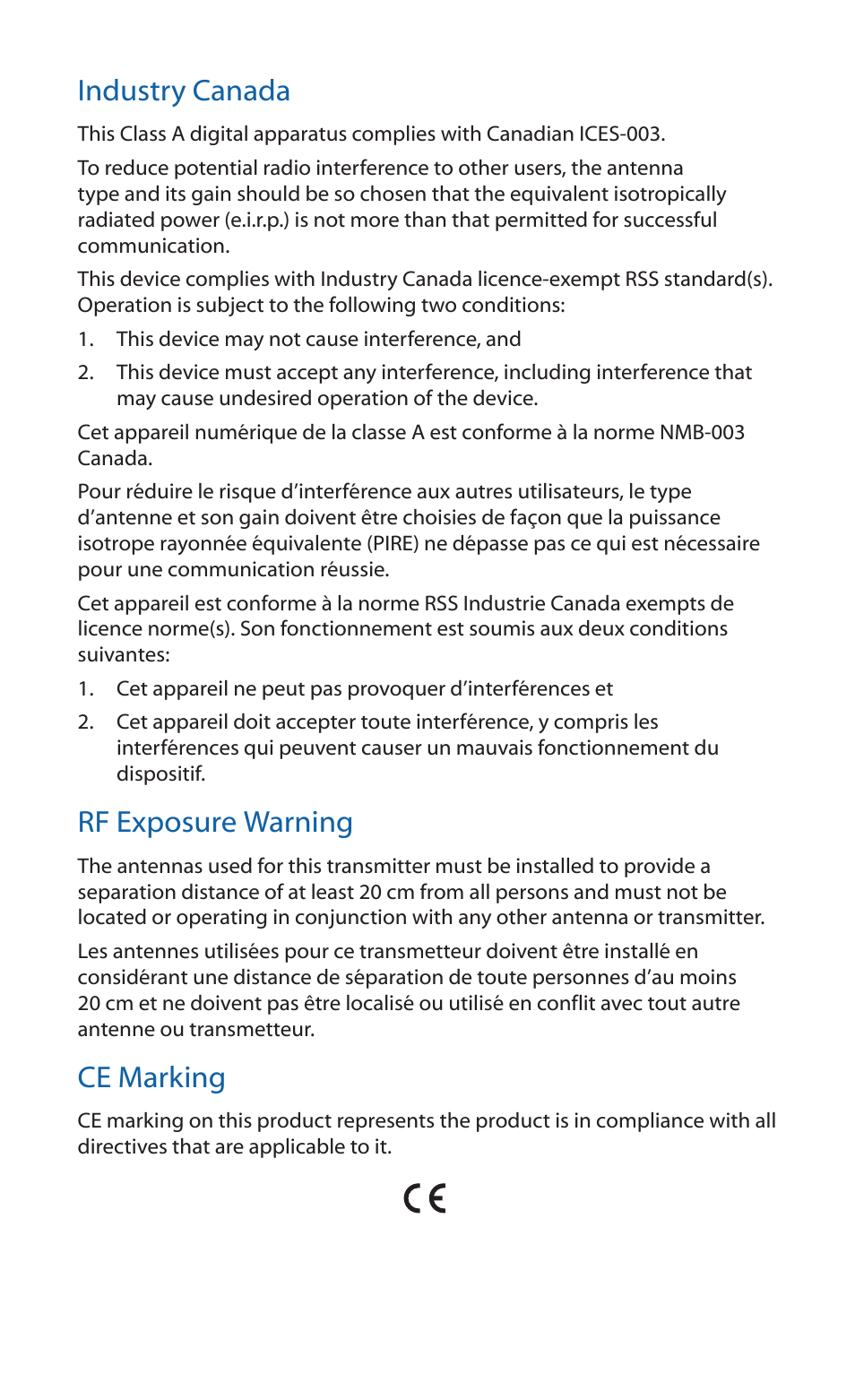 Industry canada, Rf exposure warning, Ce marking | Ubiquiti Networks UniF AP Outdoor User Manual | Page 20 / 24
