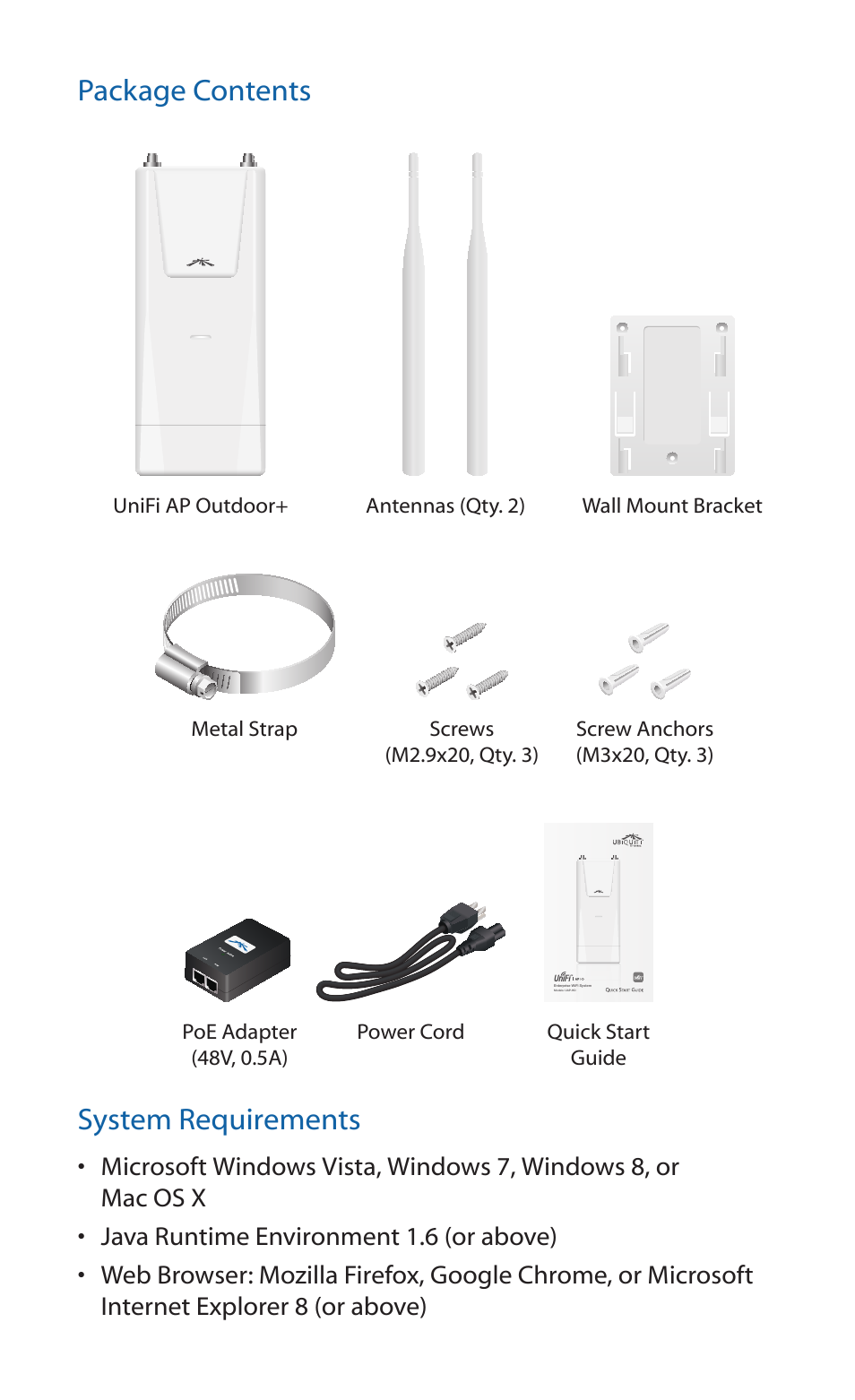 Package contents, System requirements | Ubiquiti Networks UniF AP Outdoor User Manual | Page 3 / 24