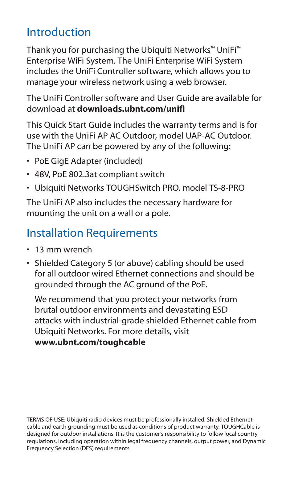 Introduction, Installation requirements | Ubiquiti Networks UniF AP AC Outdoor User Manual | Page 2 / 24