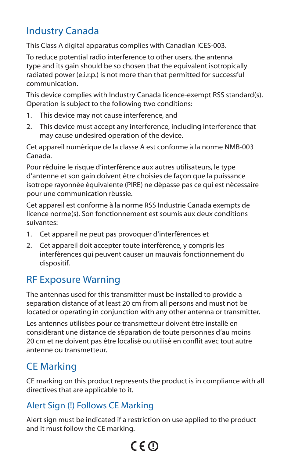 Industry canada, Rf exposure warning, Ce marking | Ubiquiti Networks UniF AP AC Outdoor User Manual | Page 20 / 24