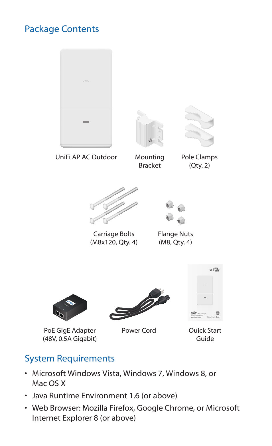 Package contents, System requirements | Ubiquiti Networks UniF AP AC Outdoor User Manual | Page 3 / 24