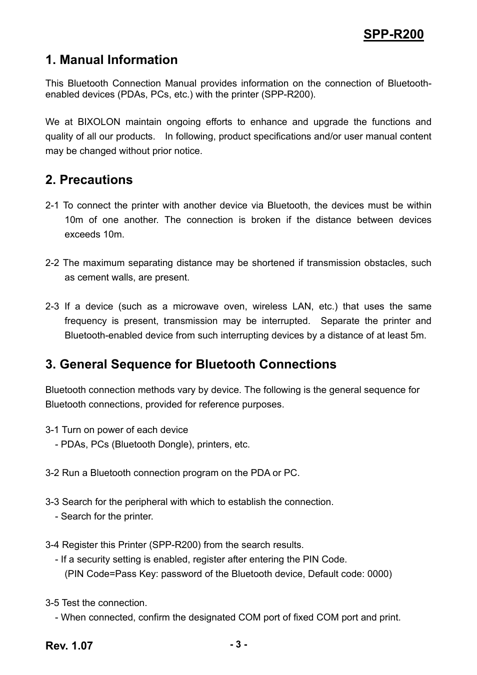 Precautions, General sequence for bluetooth connections, Manual information | Spp-r200 1. manual information | BIXOLON SPP-R200 User Manual | Page 3 / 38