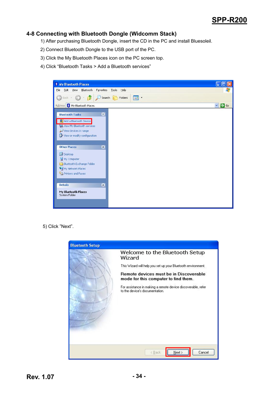 8 connecting with bluetooth dongle (widcomm stack), Spp-r200, Rev. 1.07 | BIXOLON SPP-R200 User Manual | Page 34 / 38