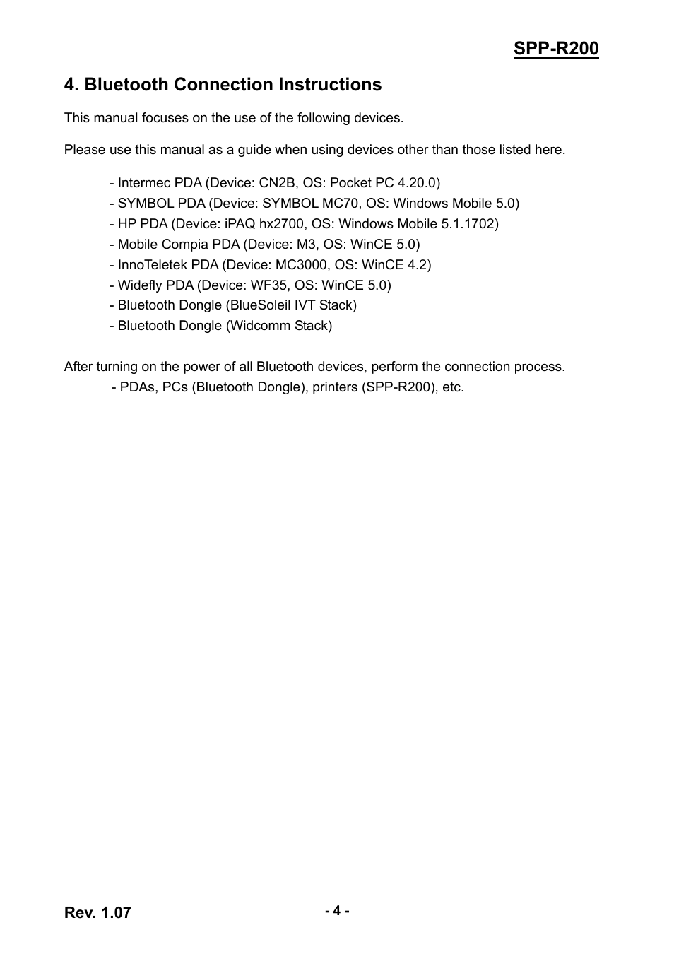 Bluetooth connection instructions, Spp-r200 4. bluetooth connection instructions | BIXOLON SPP-R200 User Manual | Page 4 / 38