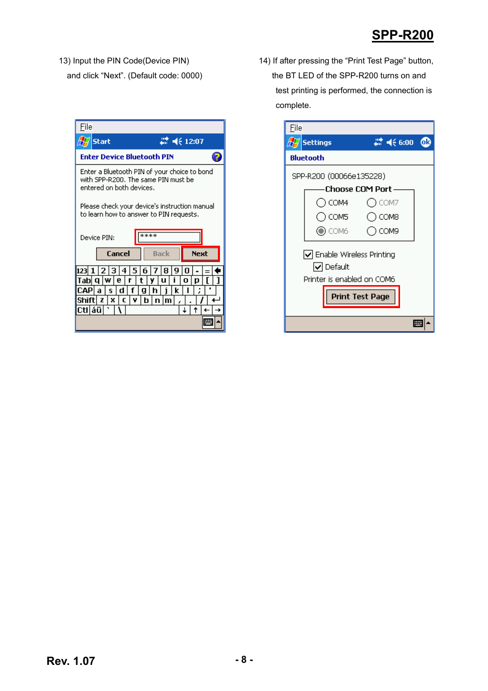 Spp-r200, Rev. 1.07 | BIXOLON SPP-R200 User Manual | Page 8 / 38