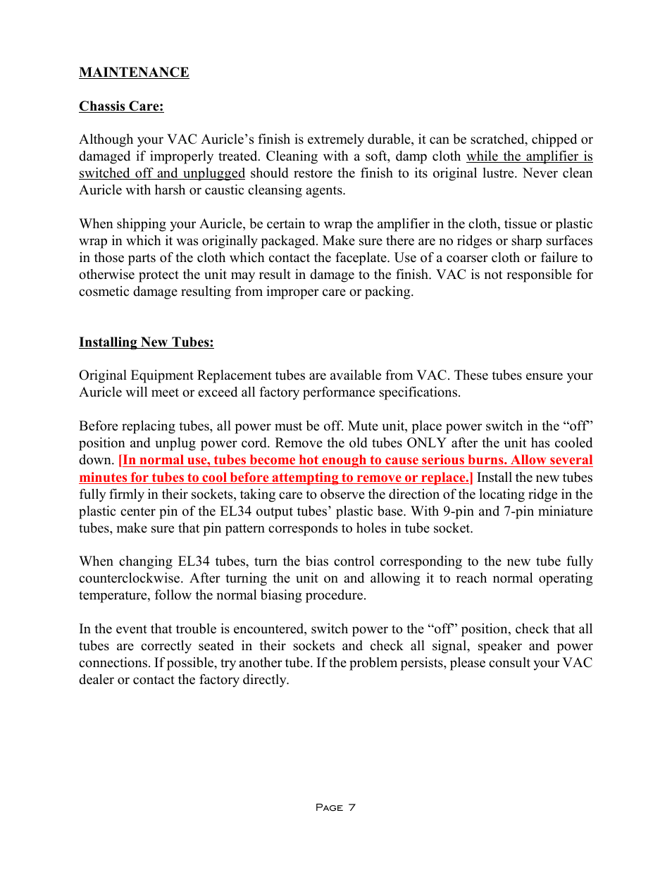 VAC Auricle Mk I Amplifier User Manual | Page 7 / 9