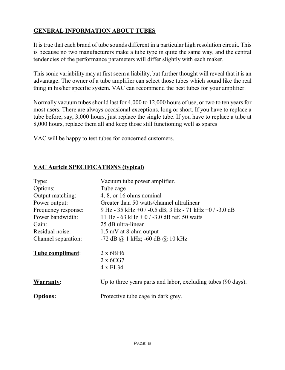 VAC Auricle Mk I Amplifier User Manual | Page 8 / 9