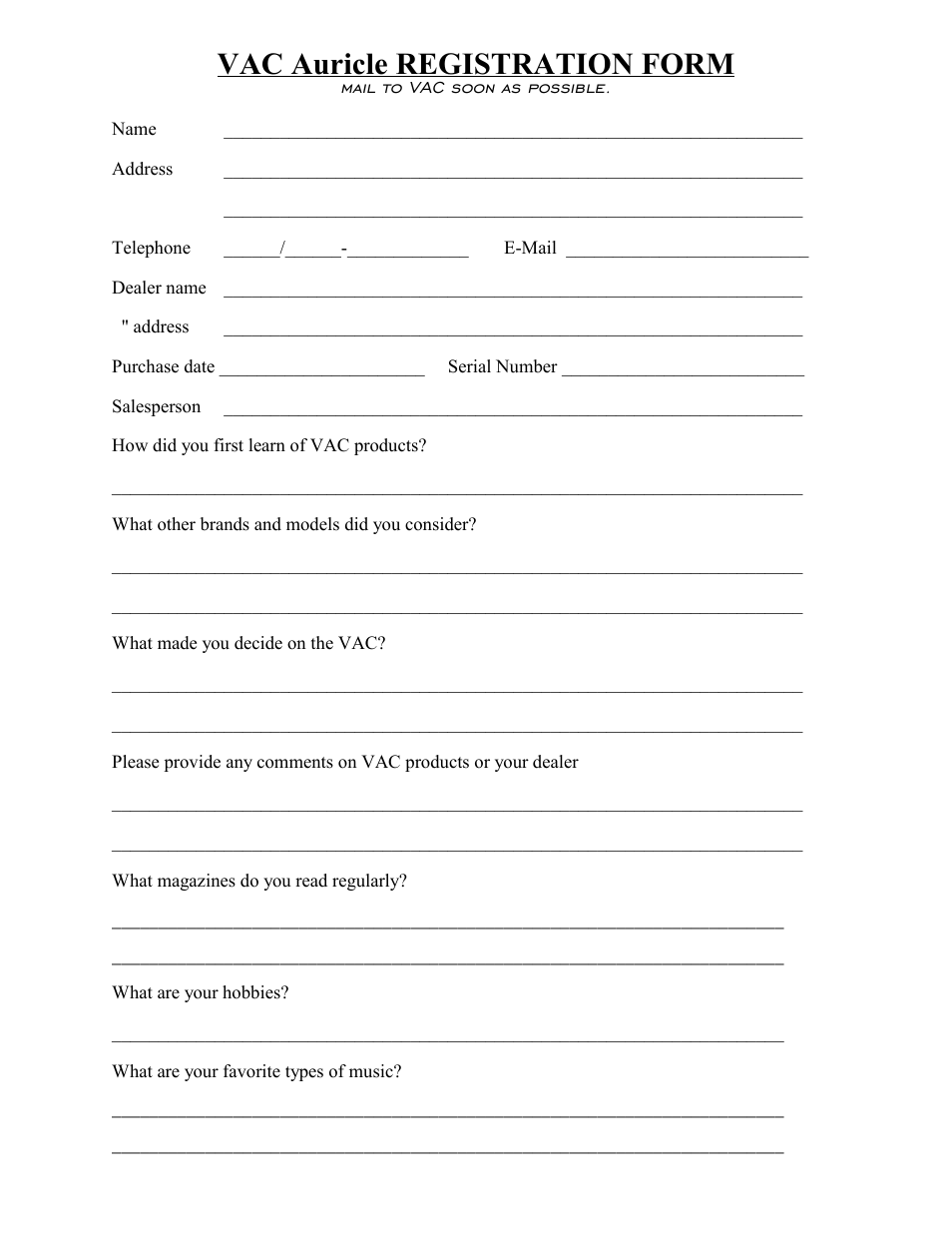 Vac auricle registration form | VAC Auricle Mk I Amplifier User Manual | Page 9 / 9