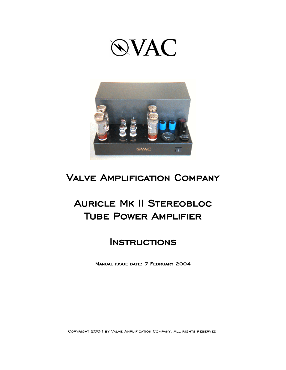 VAC Auricle Mk II Amplifier User Manual | 11 pages