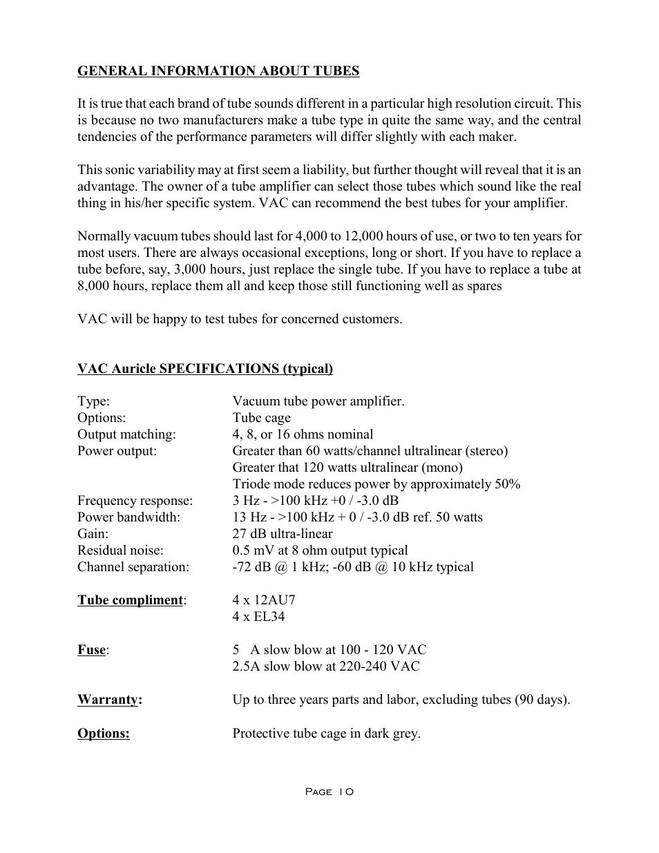 VAC Auricle Mk II Amplifier User Manual | Page 10 / 11