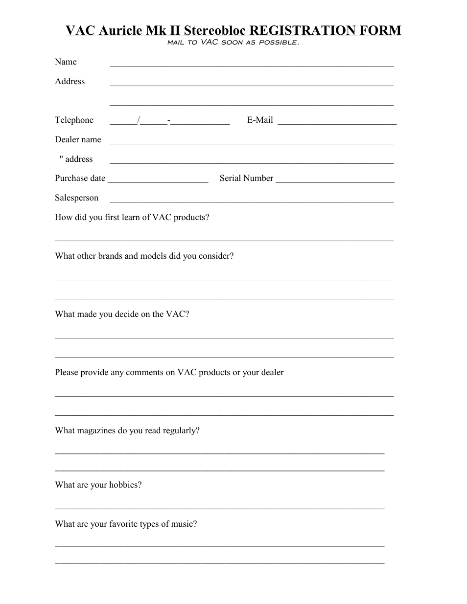 Vac auricle mk ii stereobloc registration form | VAC Auricle Mk II Amplifier User Manual | Page 11 / 11