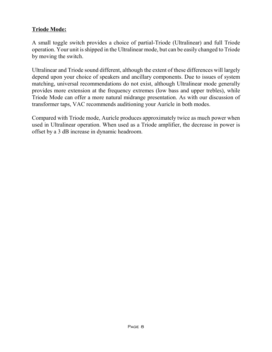 VAC Auricle Mk II Amplifier User Manual | Page 8 / 11