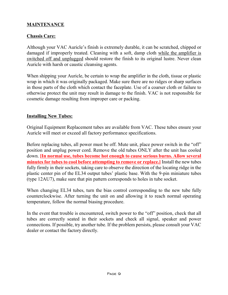 VAC Auricle Mk II Amplifier User Manual | Page 9 / 11