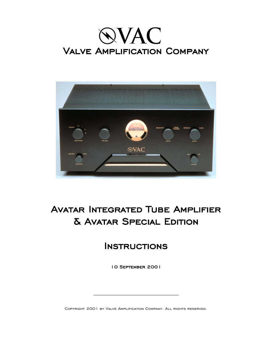 VAC Avatar SE User Manual | 13 pages