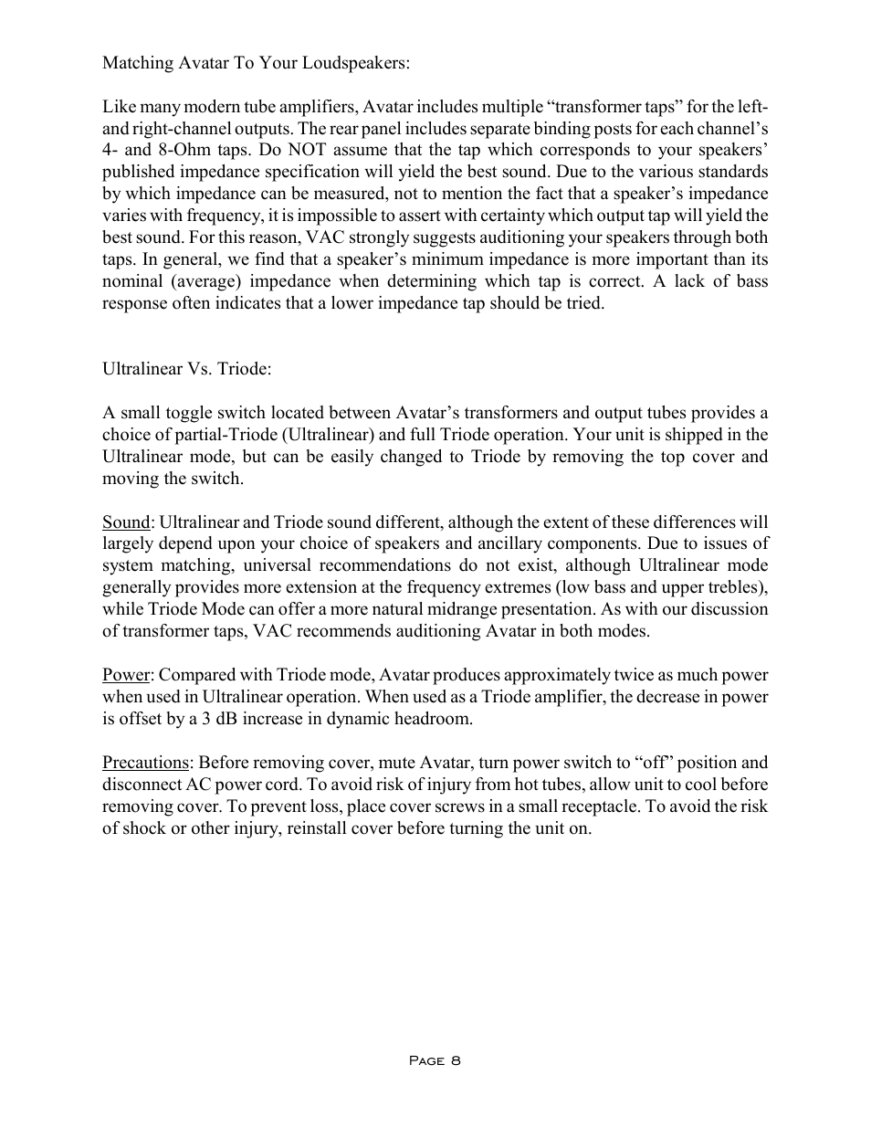 VAC Avatar SE User Manual | Page 8 / 13