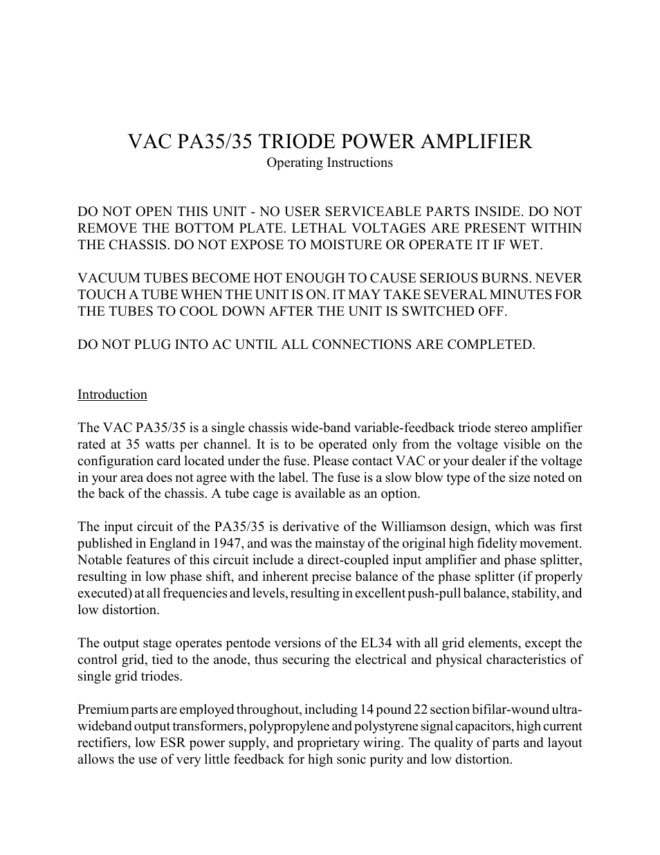 VAC PA35/35 User Manual | 12 pages