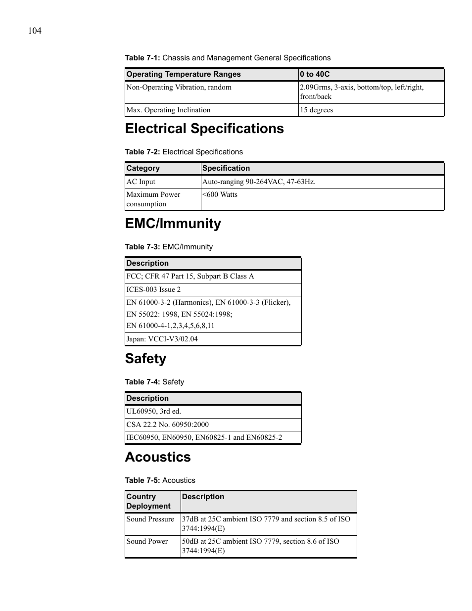 Electrical specifications, Emc/immunity, Safety | Acoustics | Cisco SFS 7008 User Manual | Page 104 / 108