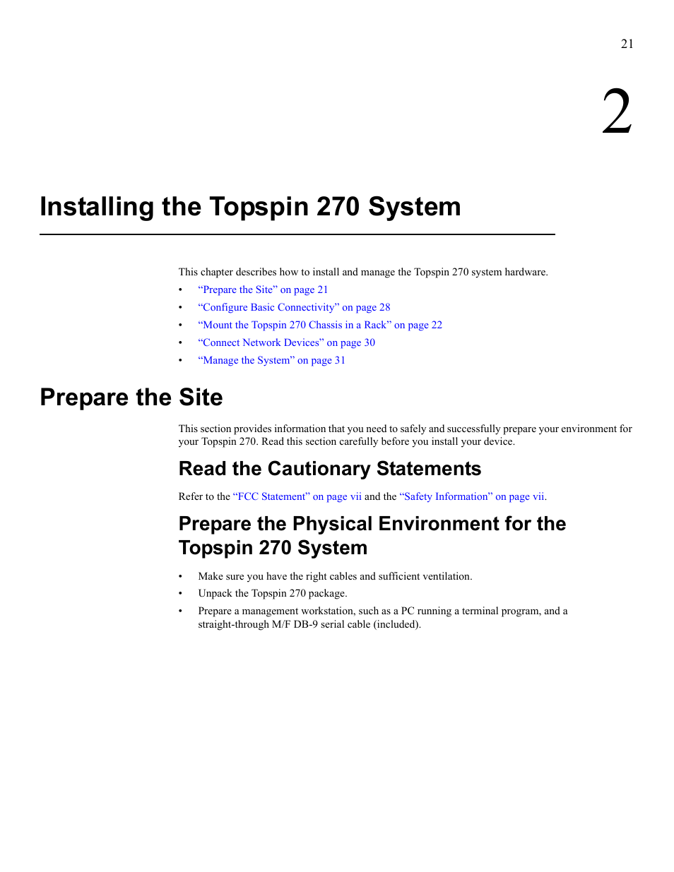 Installing the topspin 270 system, Prepare the site, Read the cautionary statements | Cisco SFS 7008 User Manual | Page 21 / 108