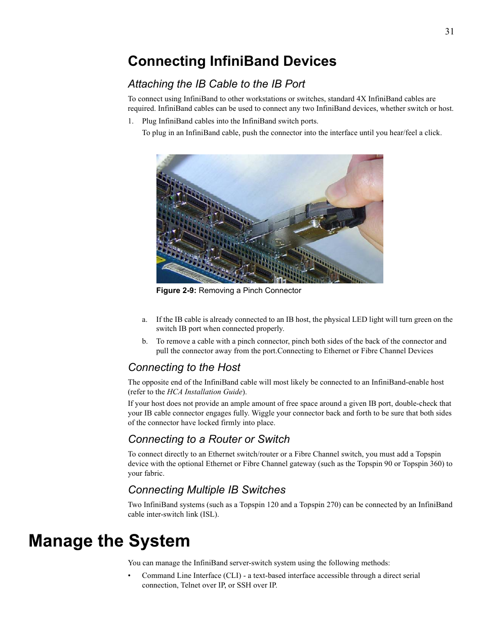 Connecting infiniband devices, Manage the system | Cisco SFS 7008 User Manual | Page 31 / 108