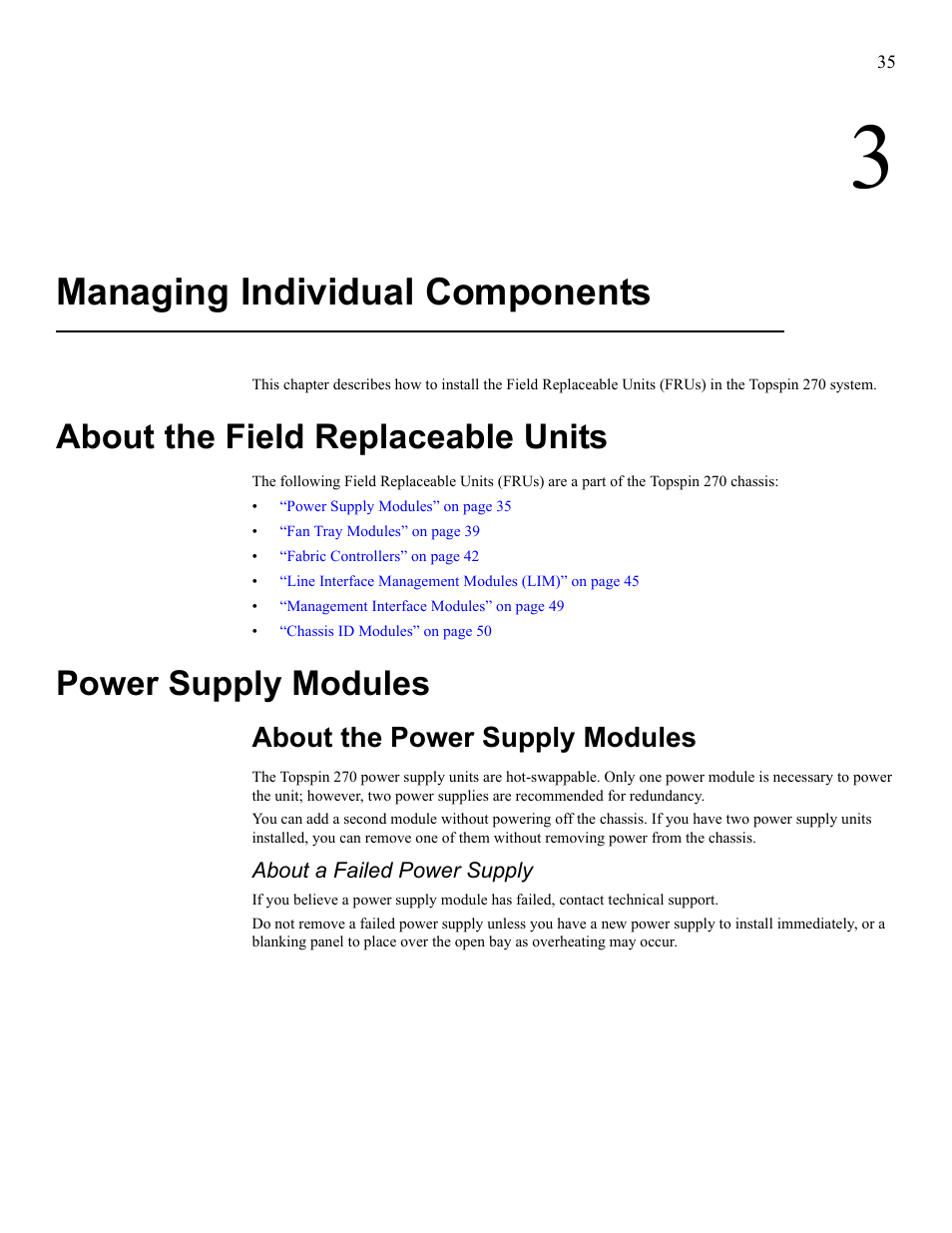 Managing individual components, About the field replaceable units, Power supply modules | About the power supply modules, Refer to | Cisco SFS 7008 User Manual | Page 35 / 108
