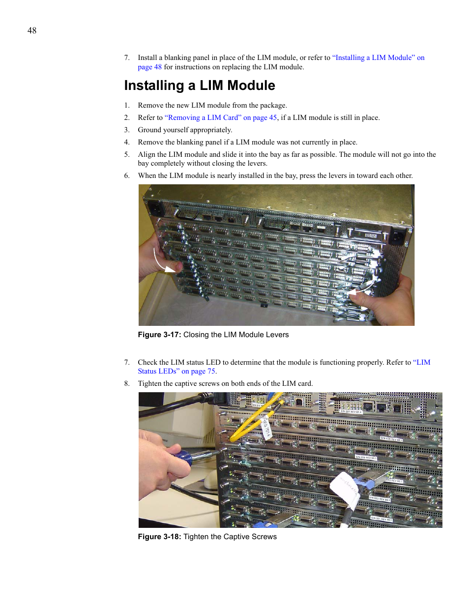 Installing a lim module | Cisco SFS 7008 User Manual | Page 48 / 108