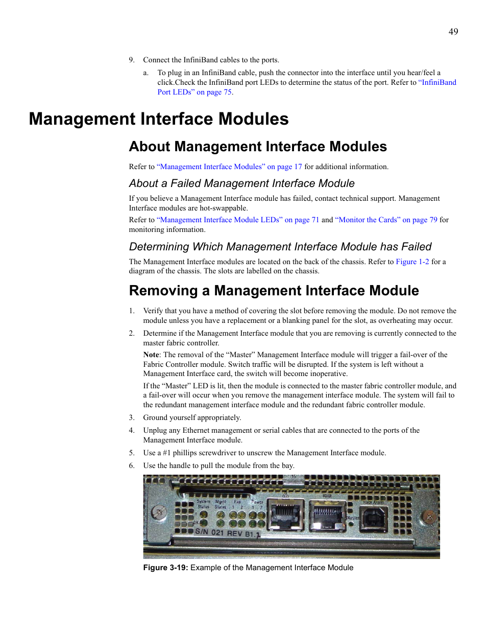 Management interface modules, About management interface modules, Removing a management interface module | About a failed management interface module | Cisco SFS 7008 User Manual | Page 49 / 108
