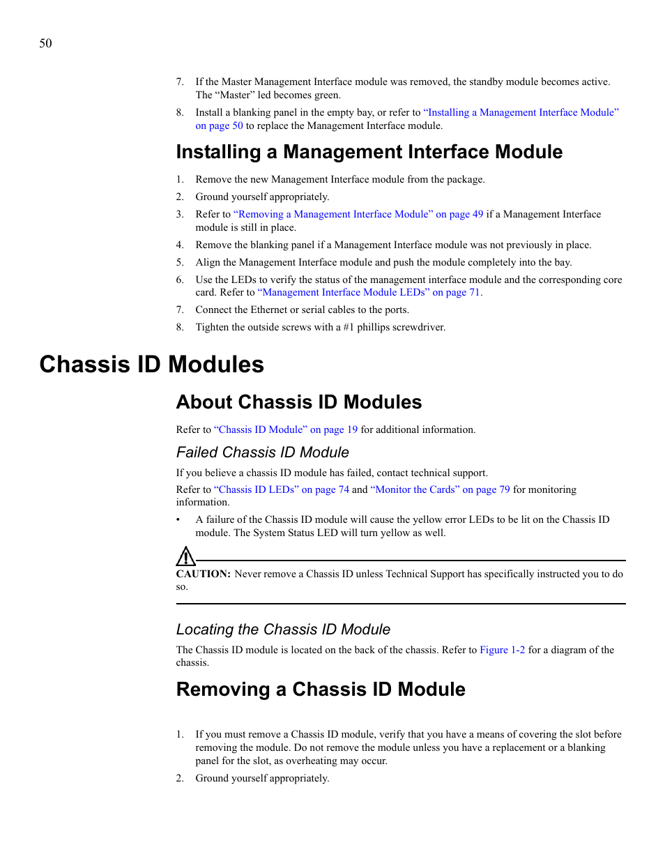 Installing a management interface module, Chassis id modules, About chassis id modules | Removing a chassis id module, Failed chassis id module, Locating the chassis id module | Cisco SFS 7008 User Manual | Page 50 / 108
