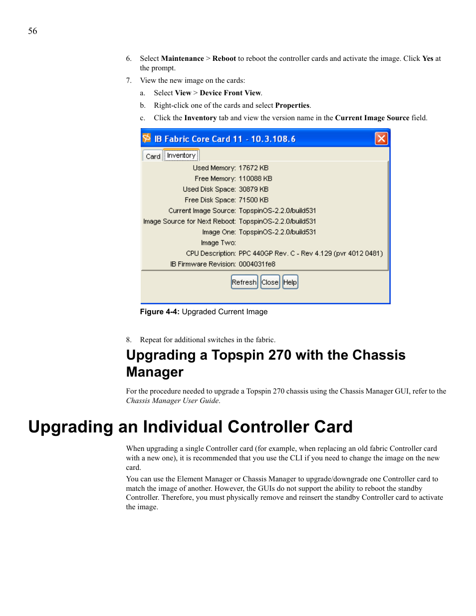 Upgrading an individual controller card, Upgrading a topspin 270 with the chassis manager | Cisco SFS 7008 User Manual | Page 56 / 108