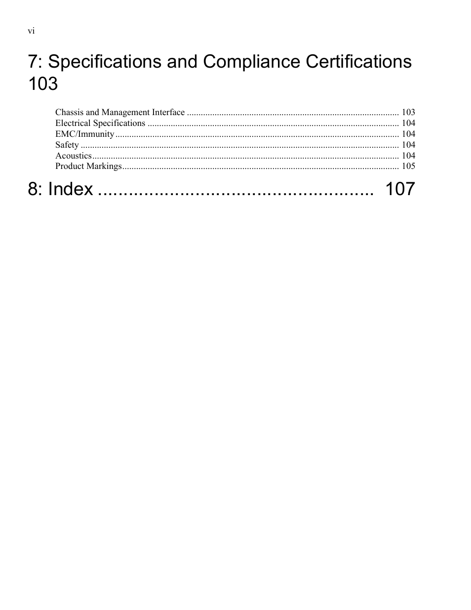 Specifications and compliance certifications 103, Index | Cisco SFS 7008 User Manual | Page 6 / 108